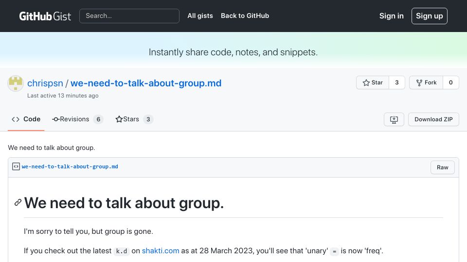 Screenshot of gist.github.com: K: We need to talk about group