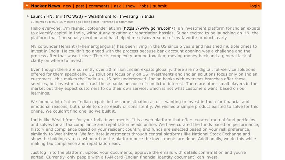 Screenshot of Hacker News post: Launch HN: Inri (YC W23) – Wealthfront for Investing in India