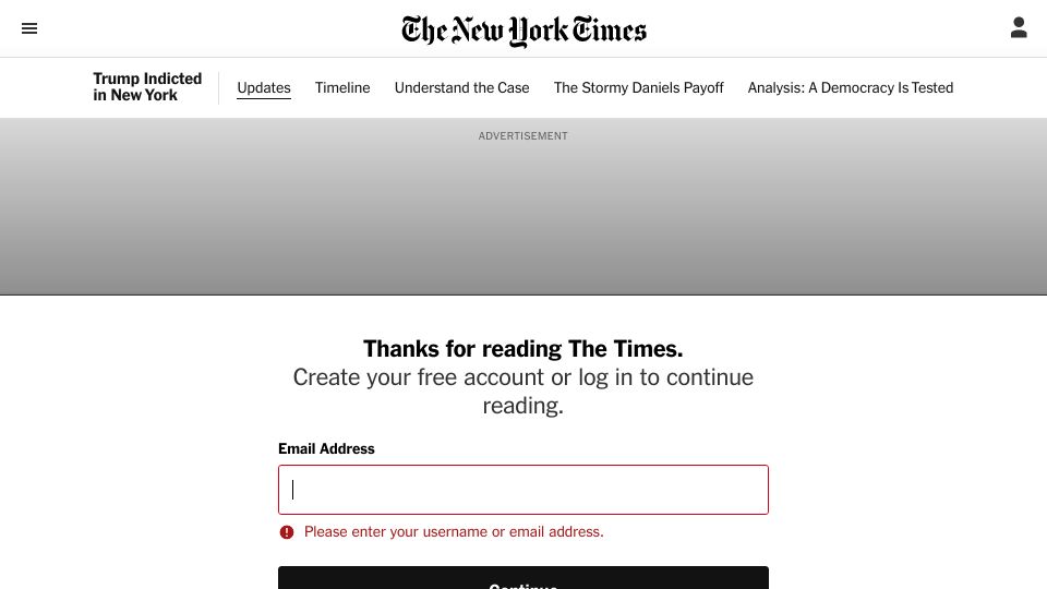 Screenshot of nytimes.com: Grand jury votes to indict Donald Trump