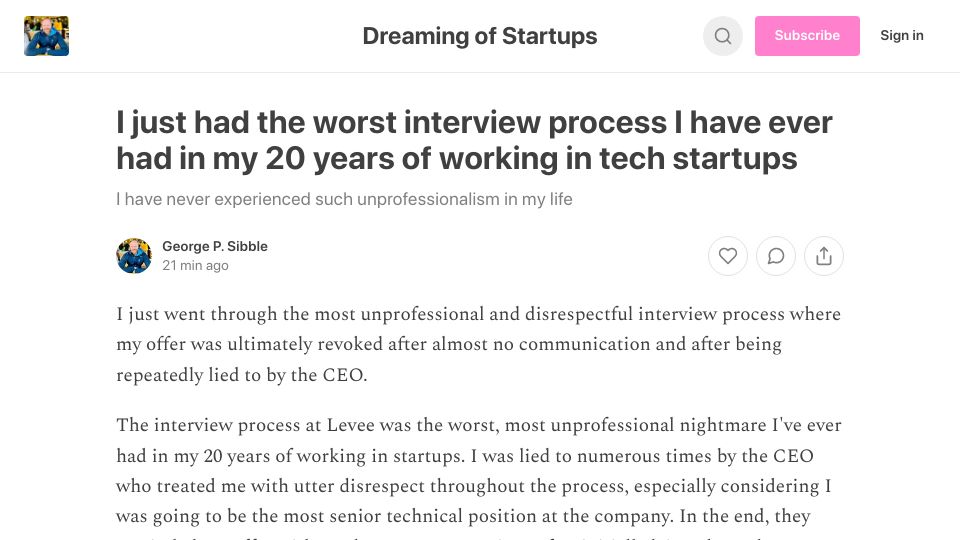 Screenshot of startupdreams.substack.com: I have never been treated this bad in an interview process in 20 years