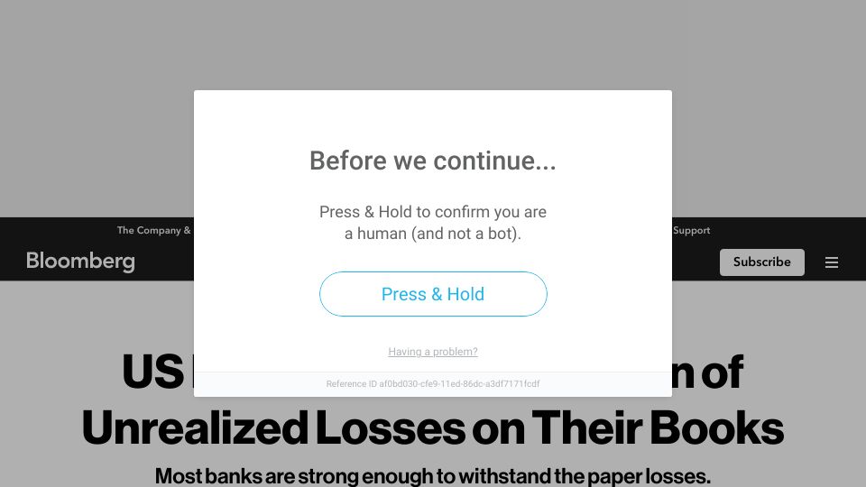 Screenshot of bloomberg.com: US banks have $620B of unrealized losses on their books