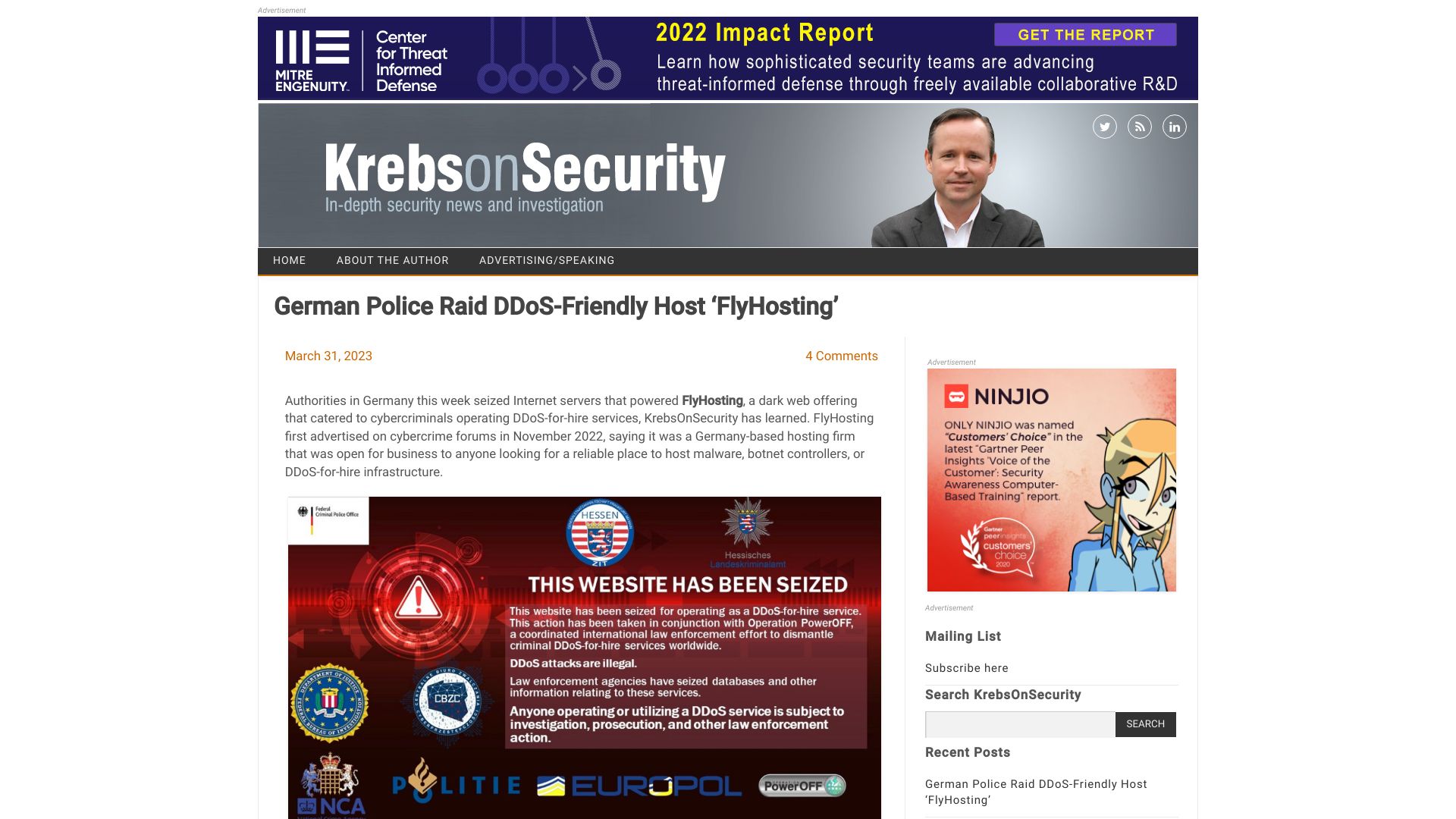 Screenshot of krebsonsecurity.com: German police raid DDoS-friendly host FlyHosting