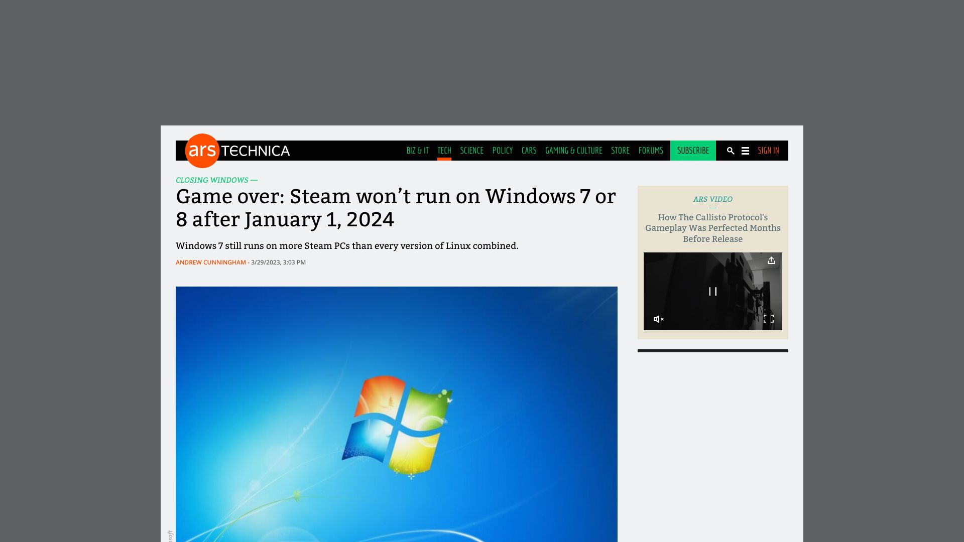 Screenshot of arstechnica.com: Game Over: Steam won’t Run on Windows 7 and 8 after January 2024