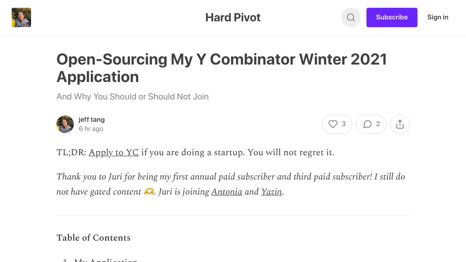 Screenshot of hardpivot.substack.com: Open-Sourcing My YC Application (Athens Research, W21)