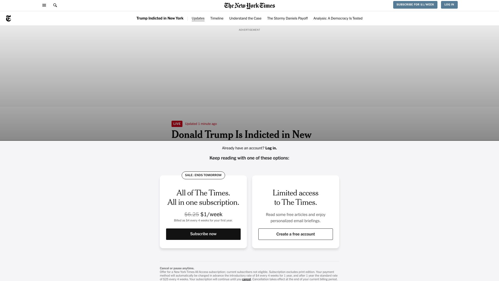 Screenshot of nytimes.com: Grand jury votes to indict Donald Trump