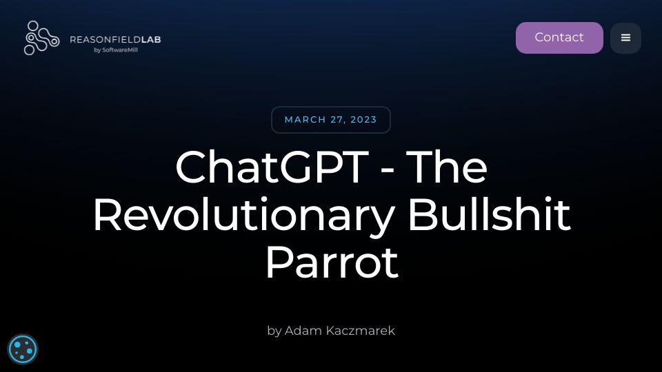 Screenshot of reasonfieldlab.com: ChatGPT – The Revolutionary Bullshit Parrot