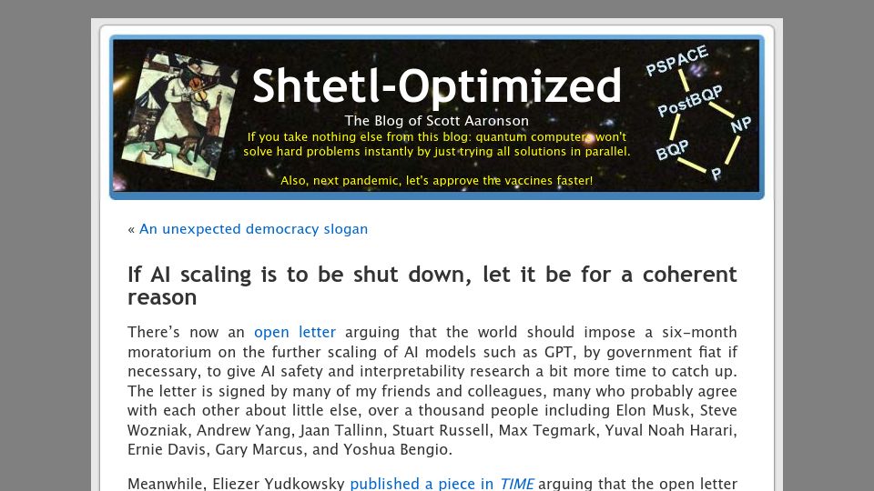 Screenshot of scottaaronson.blog: If AI scaling is to be shut down, let it be for a coherent reason