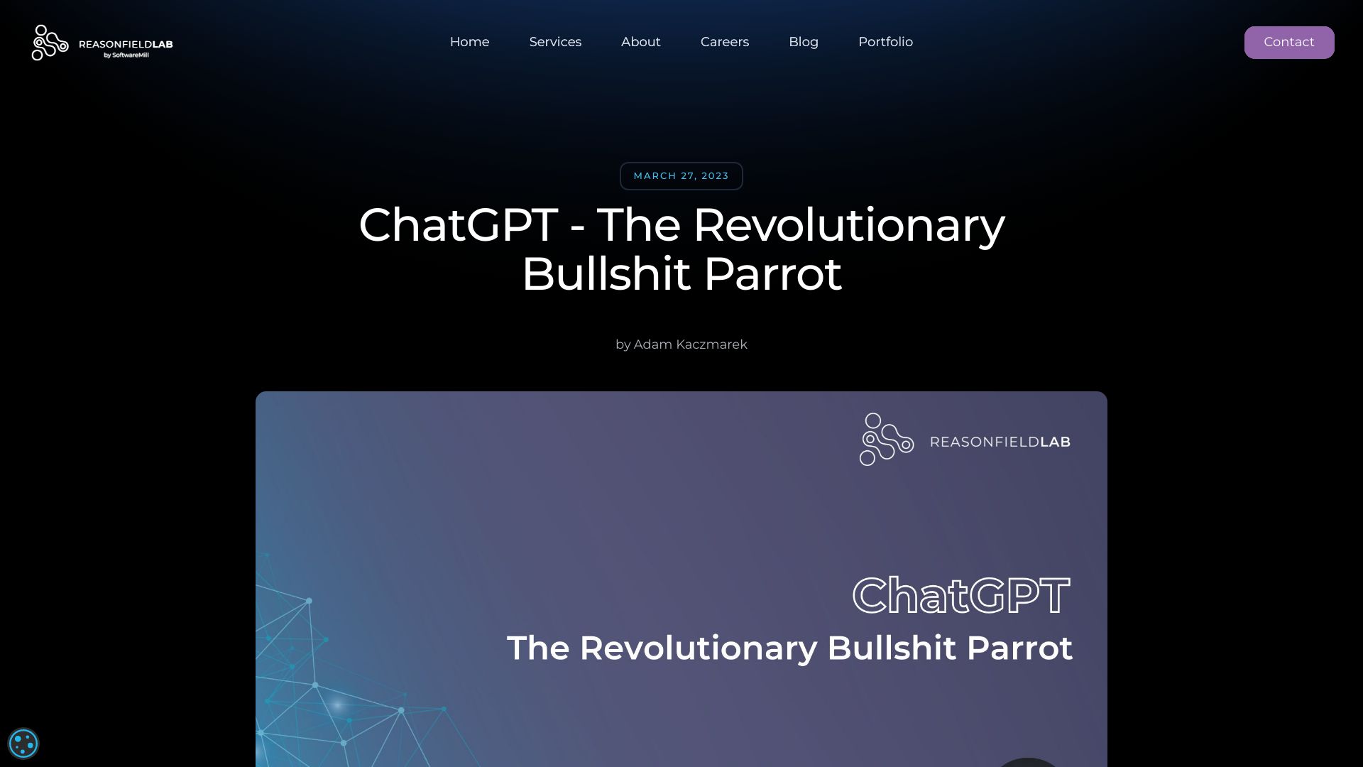 Screenshot of reasonfieldlab.com: ChatGPT – The Revolutionary Bullshit Parrot