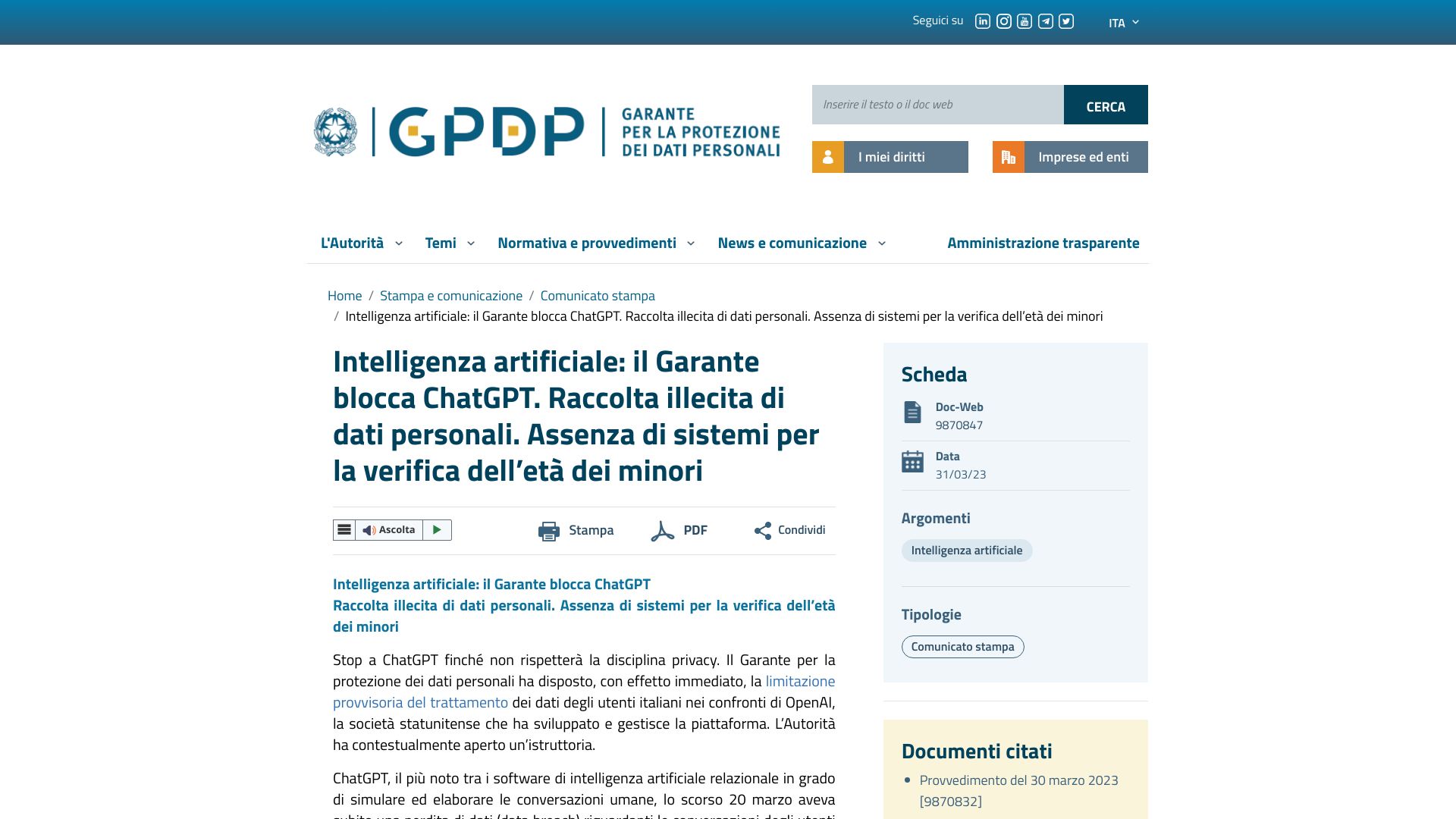 Screenshot of garanteprivacy.it: Italian data protection authority clamps down ChatGPT