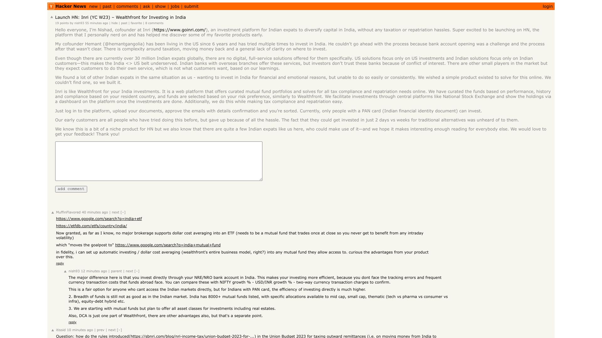 Screenshot of this Hacker News post: Launch HN: Inri (YC W23) – Wealthfront for Investing in India