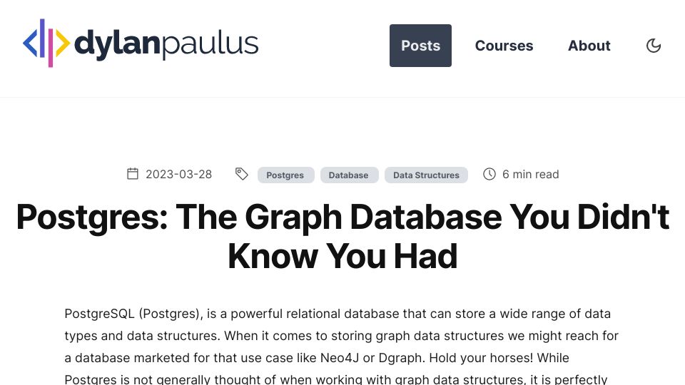 Screenshot of dylanpaulus.com: Postgres as a graph database