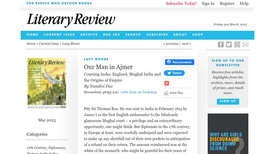 Screenshot of literaryreview.co.uk: Our Man in Ajmer