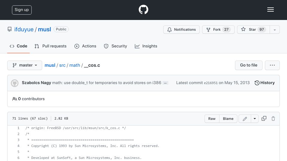 Screenshot of github.com: Cosine Implementation in C