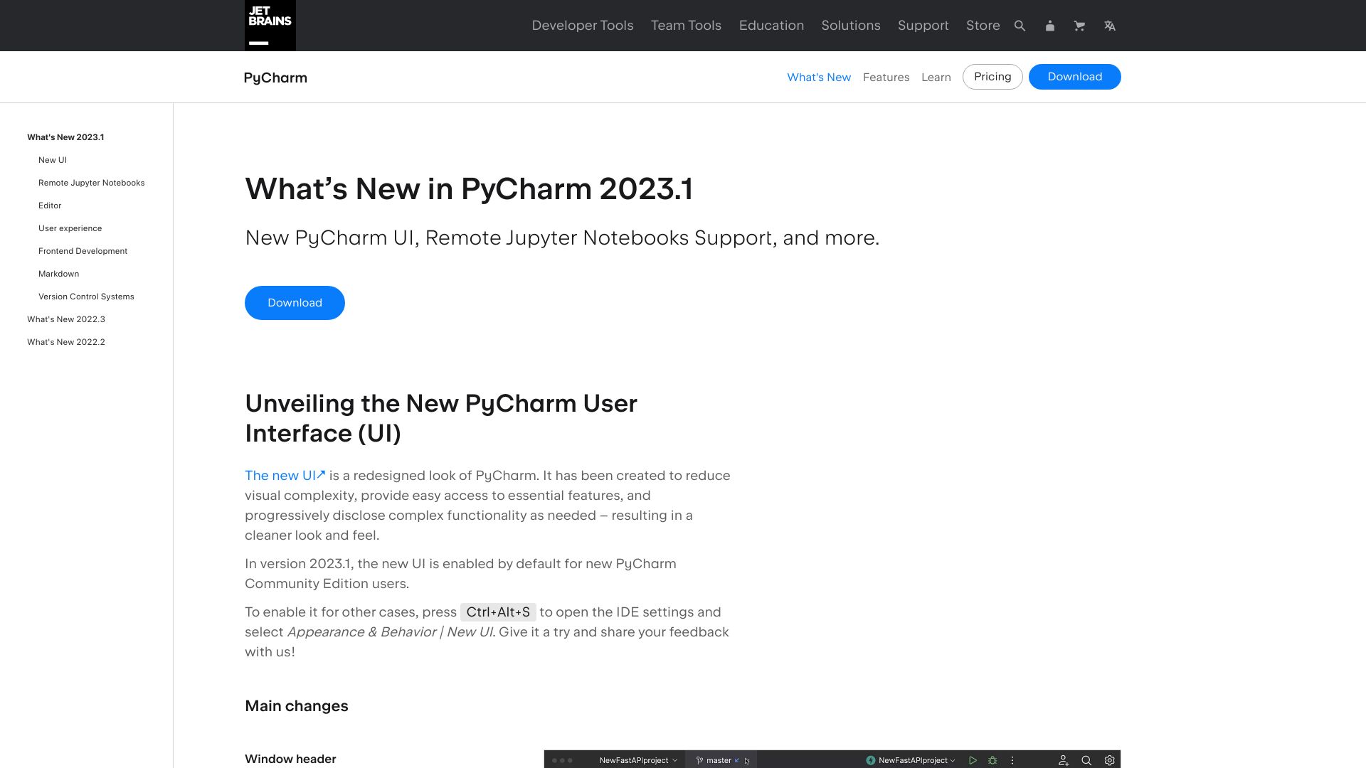Screenshot of jetbrains.com: PyCharm 2023.1