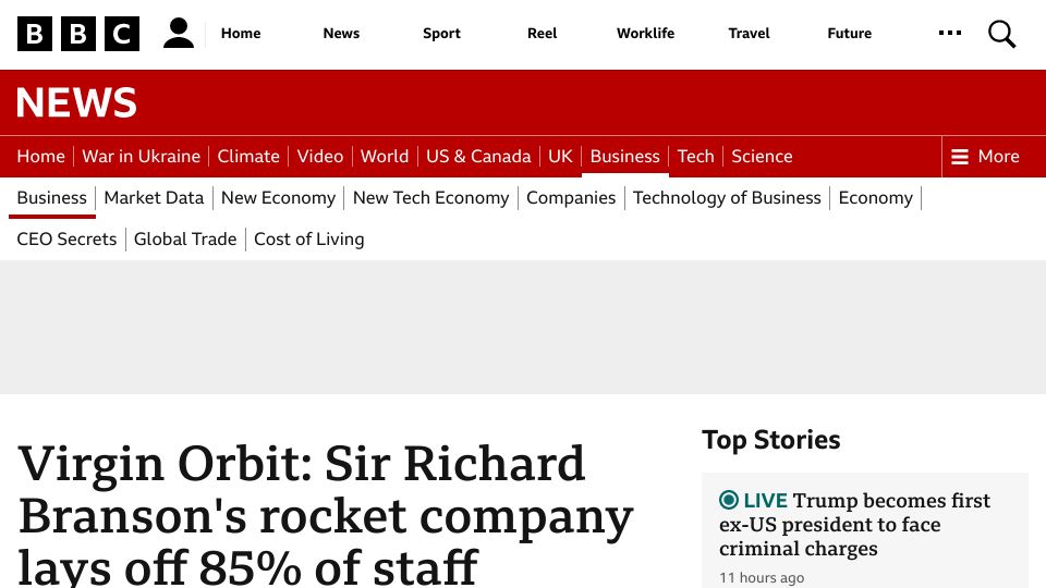 Screenshot of bbc.co.uk: Virgin Orbit: Sir Richard Branson's rocket company lays off 85% of staff