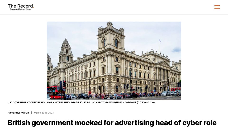 Screenshot of therecord.media: British government mocked for advertising head of cyber role with £57K salary