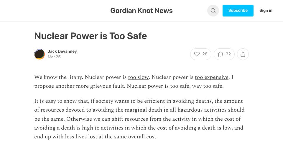 Screenshot of jackdevanney.substack.com: Nuclear Power Is Too Safe