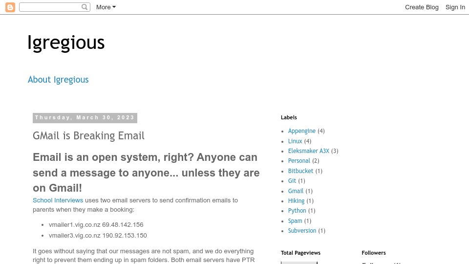 Screenshot of igregious.com: Gmail is killing independent email