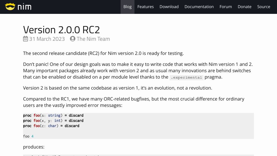 Screenshot of nim-lang.org: Nim 2.0.0 RC2