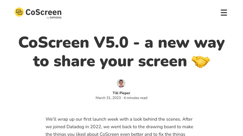 Screenshot of blog.coscreen.co: Show HN: Multi-display screen sharing with CoScreen