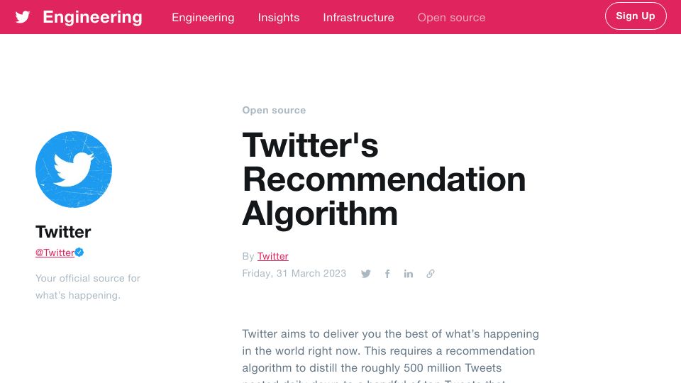 Screenshot of blog.twitter.com: Twitter's Recommendation Algorithm