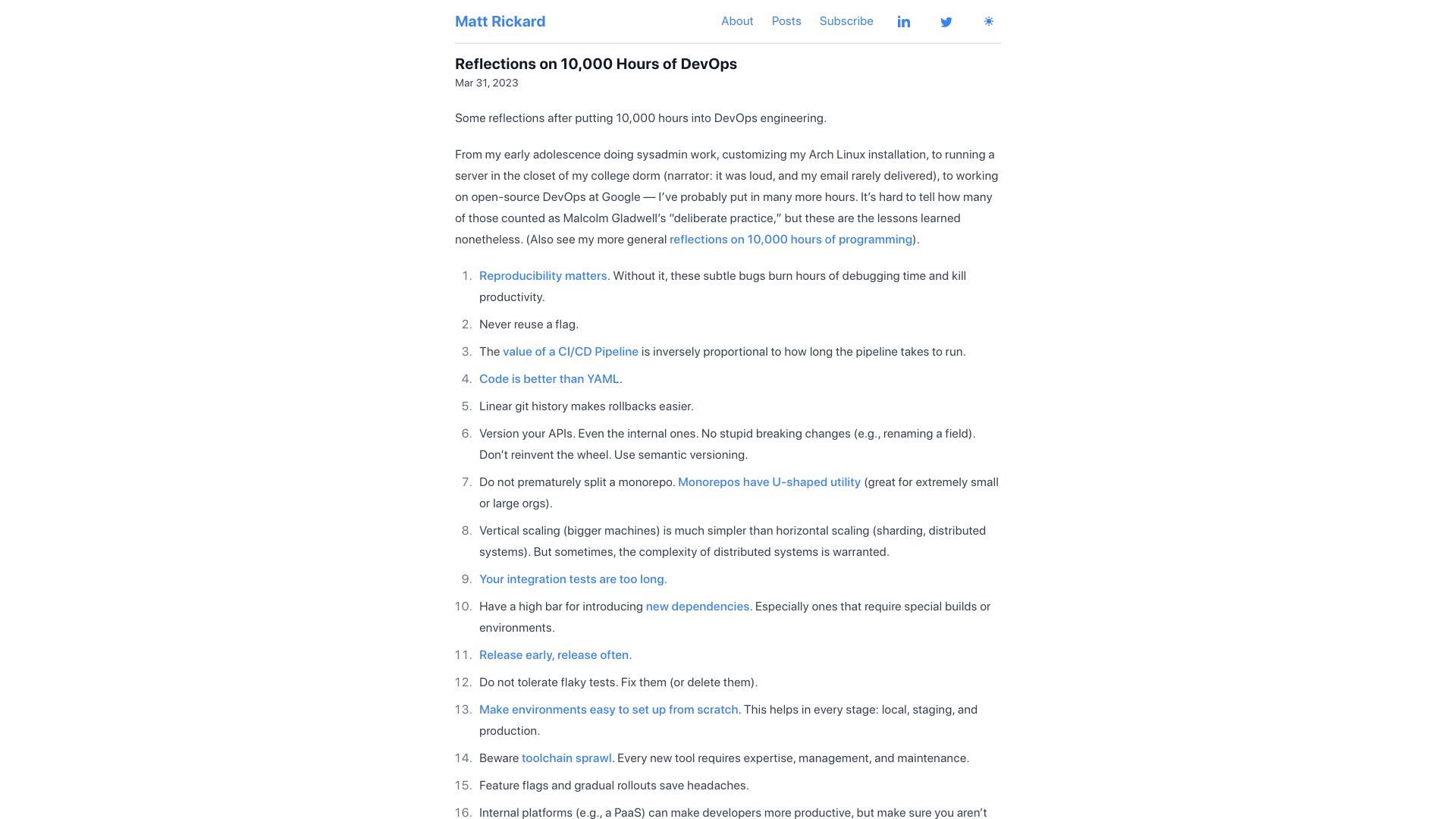 Screenshot of matt-rickard.com: Reflections on 10k Hours of DevOps