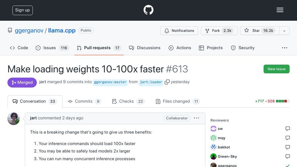 Screenshot of github.com: Llama.cpp 30B runs with only 6GB of RAM now