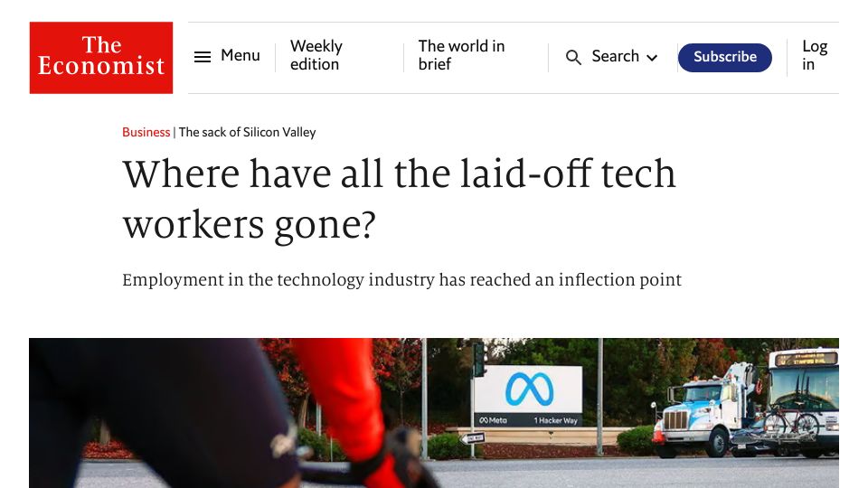 Screenshot of economist.com: Where have all the laid-off tech workers gone?