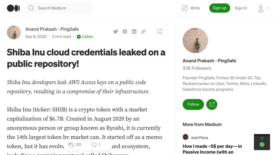 Screenshot of blog.pingsafe.com: Shiba Inu cloud credentials leaked on a public repository (2022)