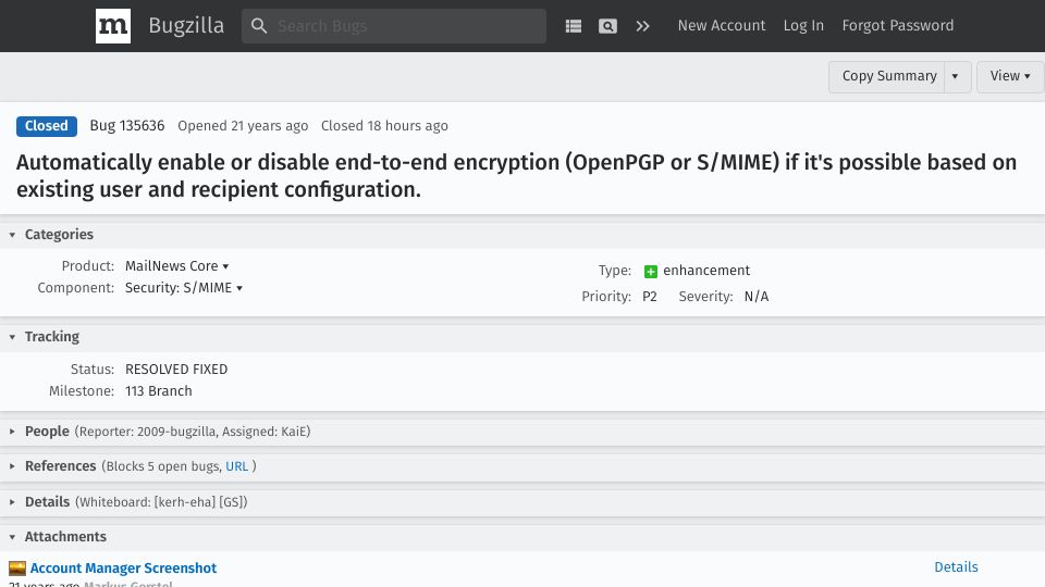 Screenshot of bugzilla.mozilla.org: Automatically enable or disable end-to-end encryption