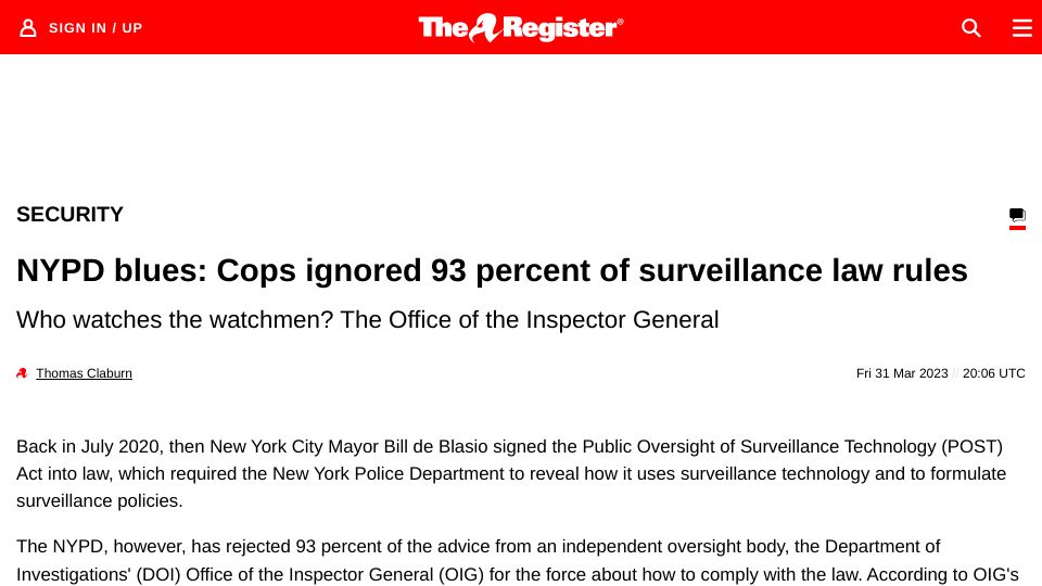 Screenshot of theregister.com: NYPD blues: Cops ignored 93 percent of surveillance law rules