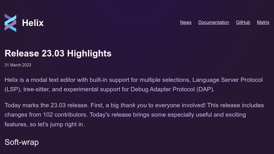 Screenshot of helix-editor.com: Helix 23.03