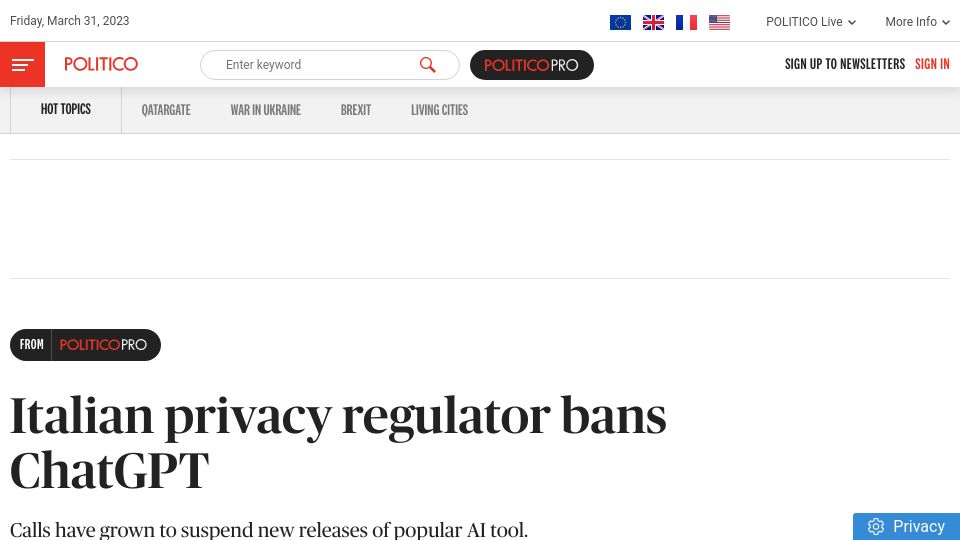 Screenshot of politico.eu: Italian privacy regulator bans ChatGPT