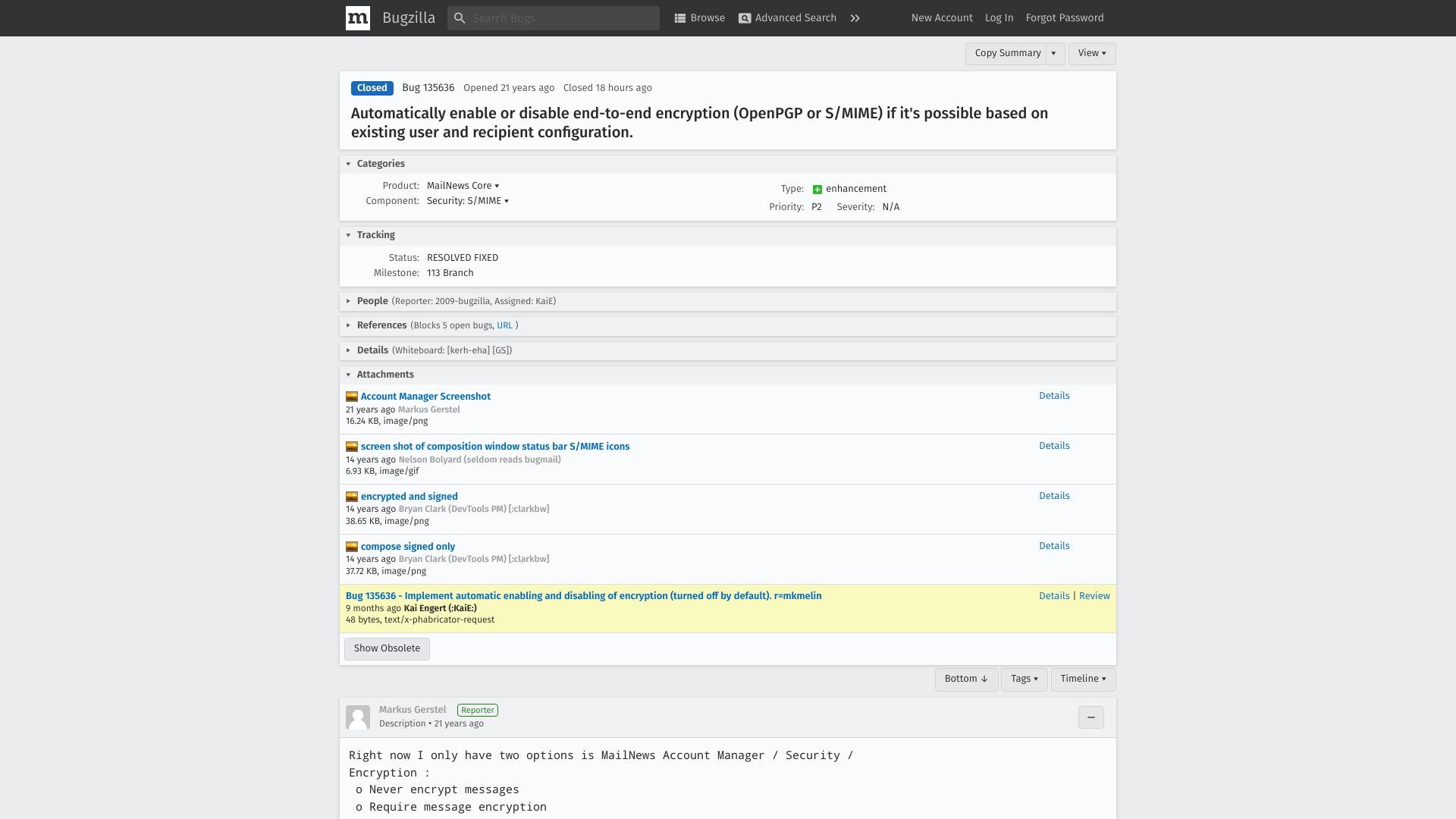 Screenshot of bugzilla.mozilla.org: Automatically enable or disable end-to-end encryption