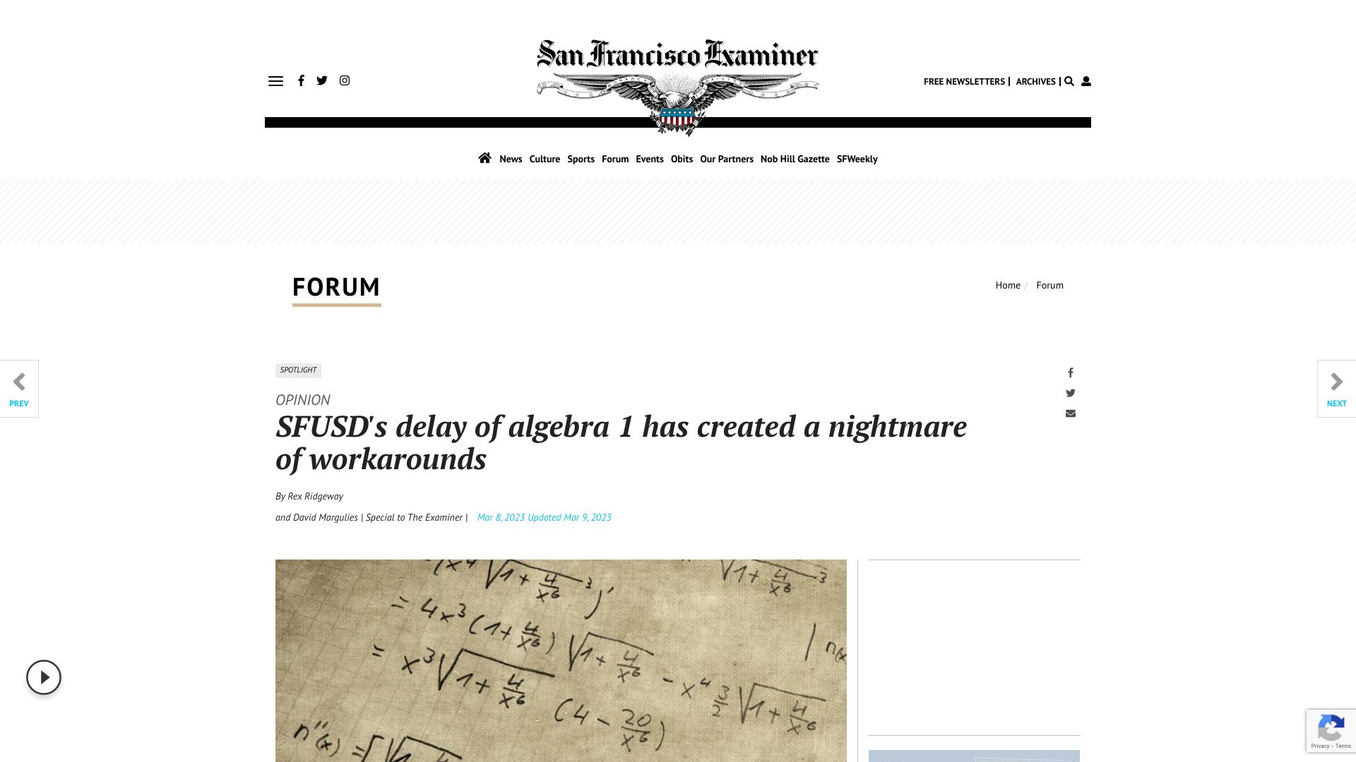 Screenshot of sfexaminer.com: SFUSD's delay of algebra 1 has created a nightmare of workarounds