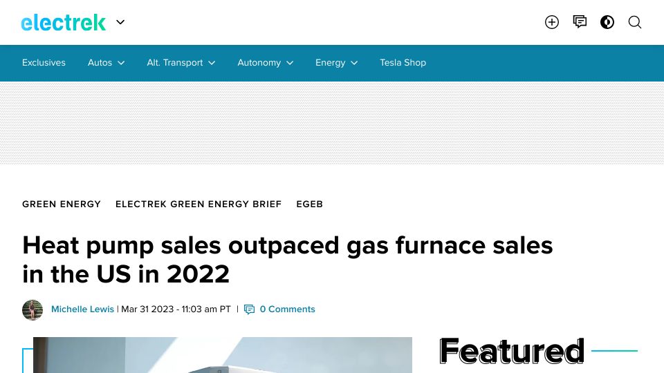 Screenshot of electrek.co: Heat pump sales outpaced gas furnace sales in the US in 2022