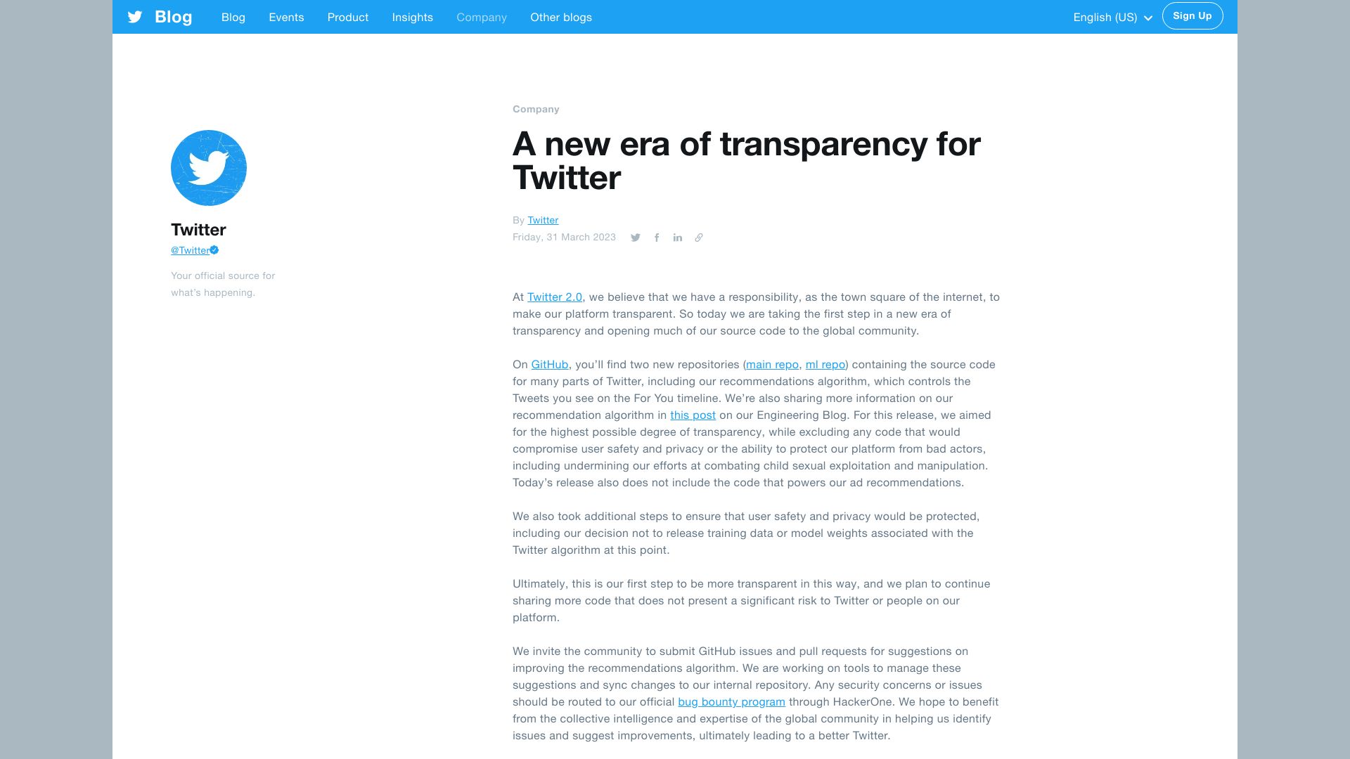 Screenshot of blog.twitter.com: A new era of transparency for Twitter