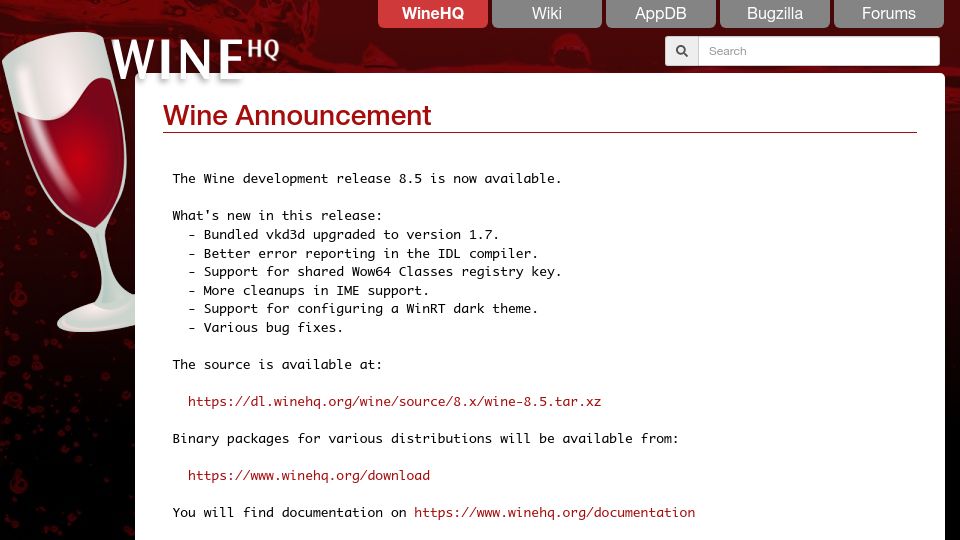 Screenshot of winehq.org: Wine 8.5