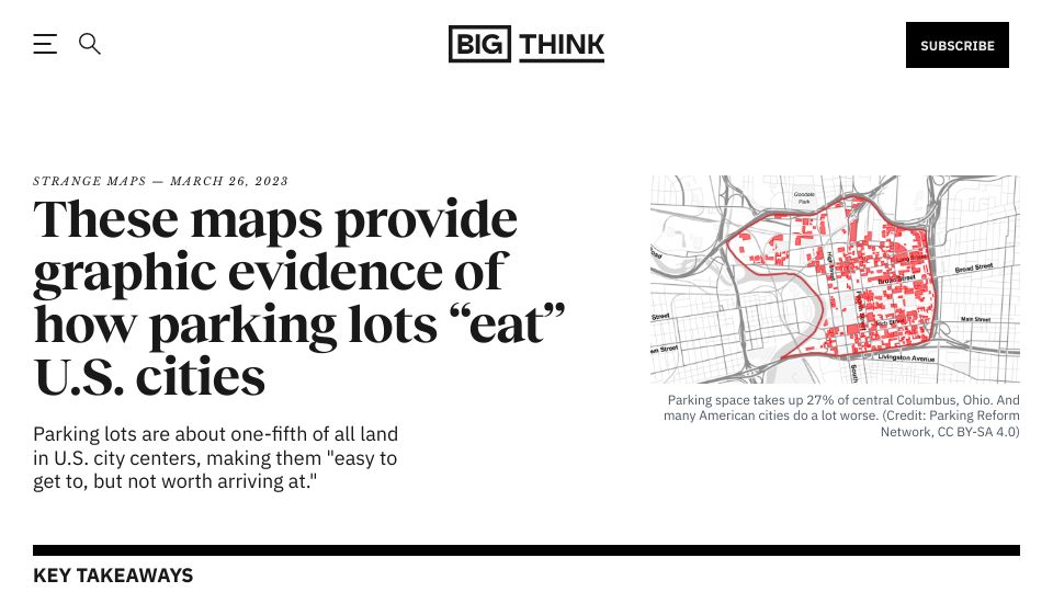 Screenshot of bigthink.com: Maps show how parking lots “eat” U.S. cities