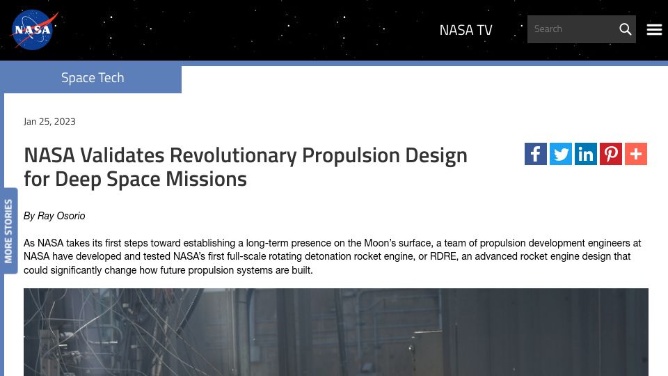 Screenshot of nasa.gov: NASA validates revolutionary propulsion design for deep space missions