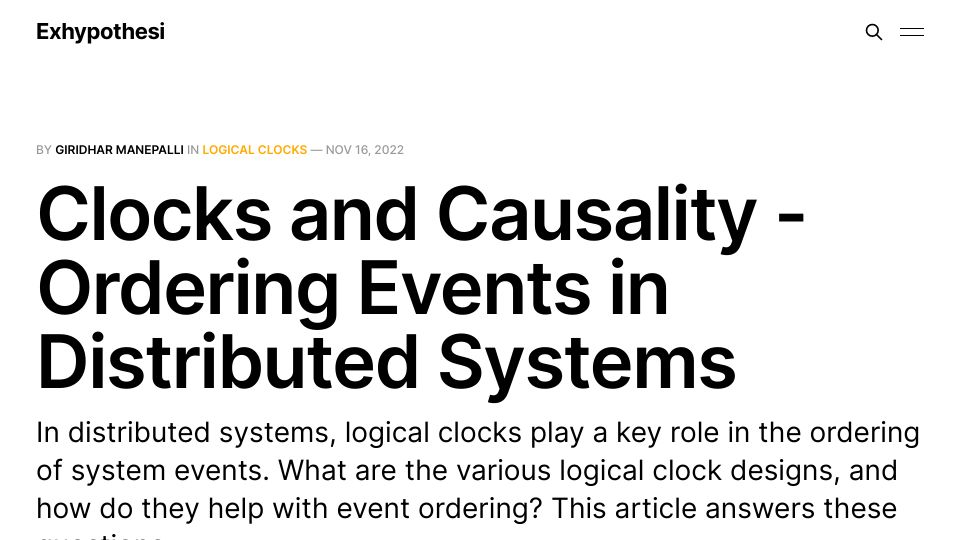 Screenshot of exhypothesi.com: Clocks and Causality – Ordering Events in Distributed Systems (2022)