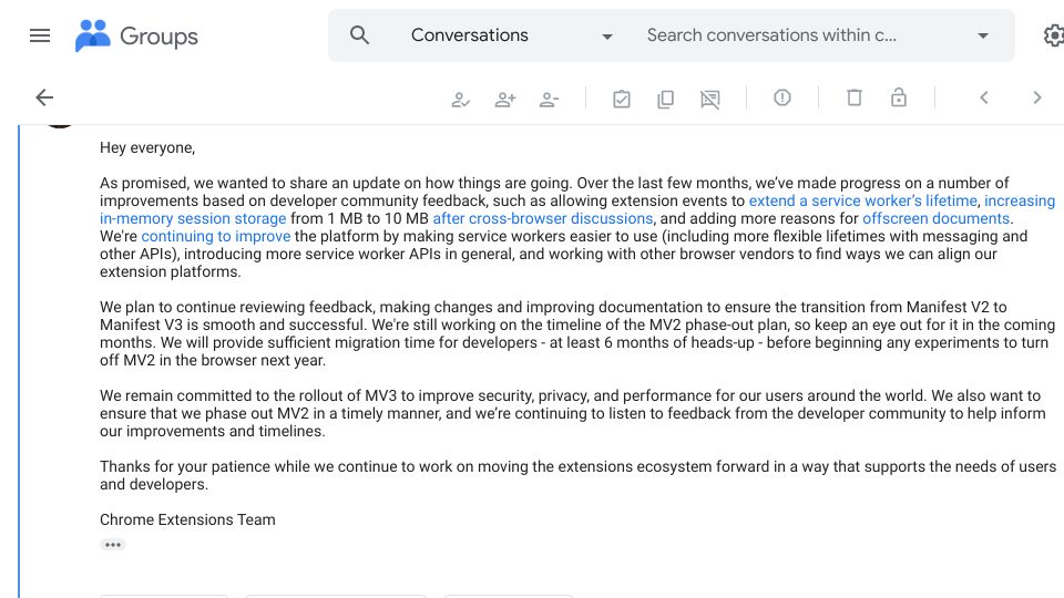 Screenshot of groups.google.com: Pausing Manifest V2 phase-out changes