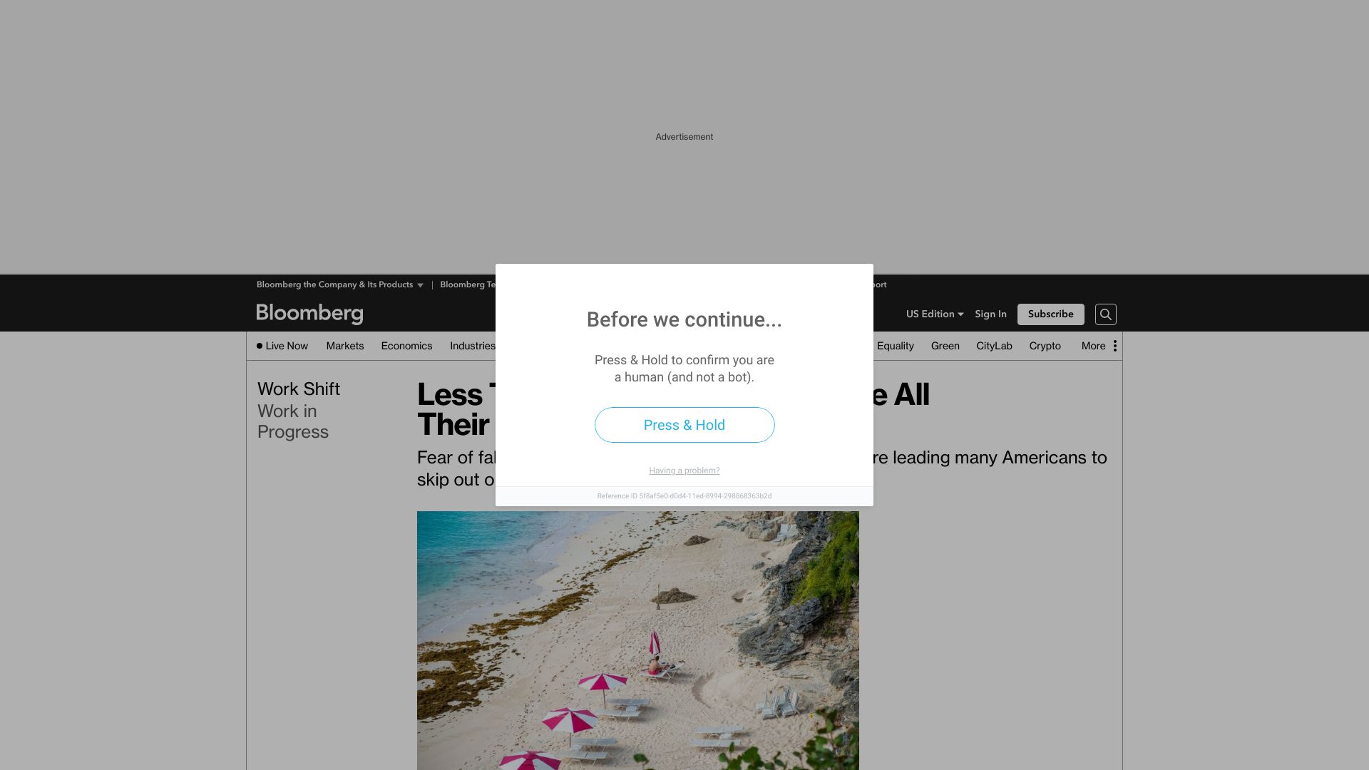 Screenshot of bloomberg.com: Less than half of U.S. workers use all their vacation days