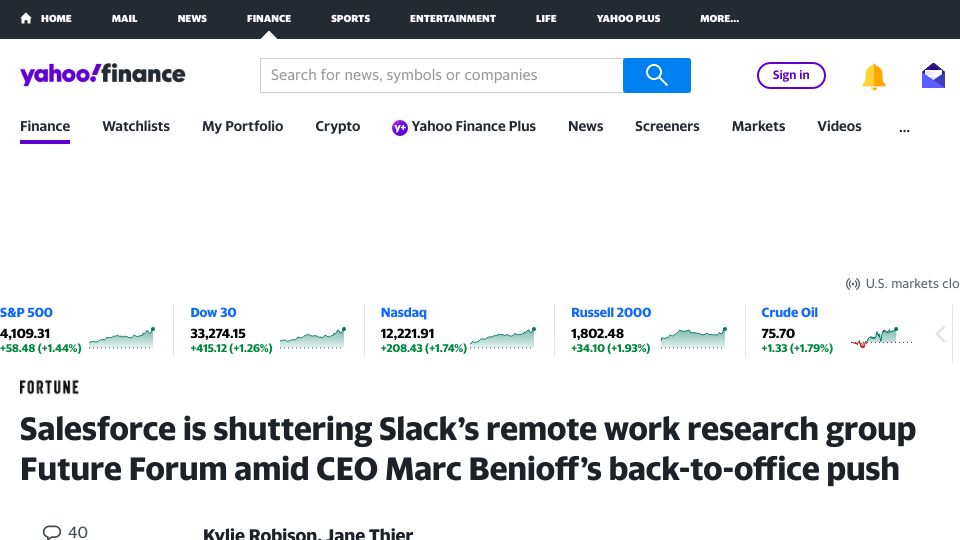 Screenshot of finance.yahoo.com: Salesforce is shuttering Slack’s remote work research group Future Forum