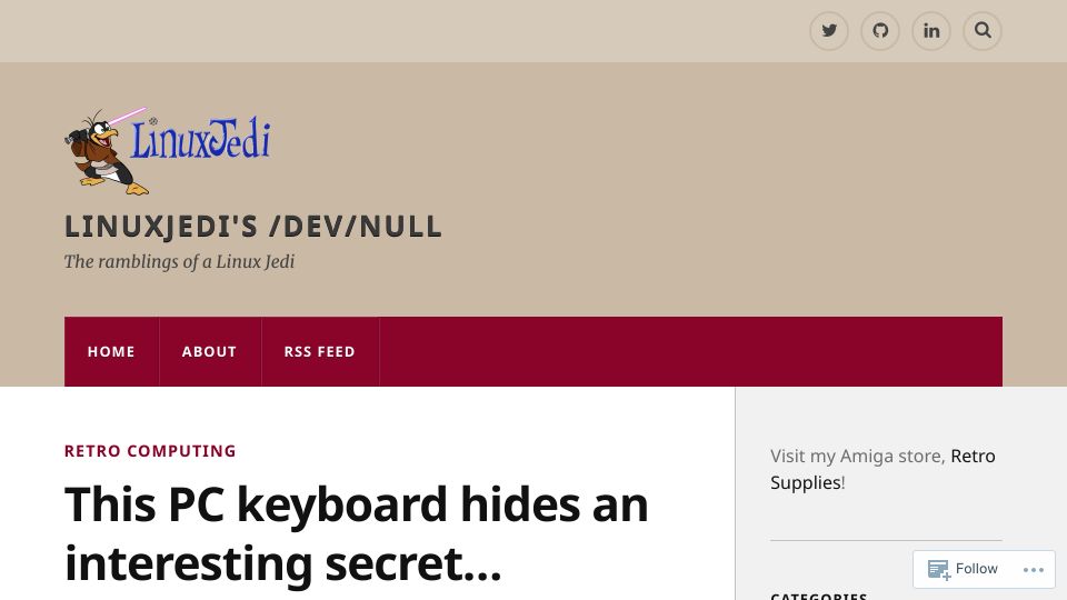 Screenshot of linuxjedi.co.uk: PC keyboard hides an interesting secret