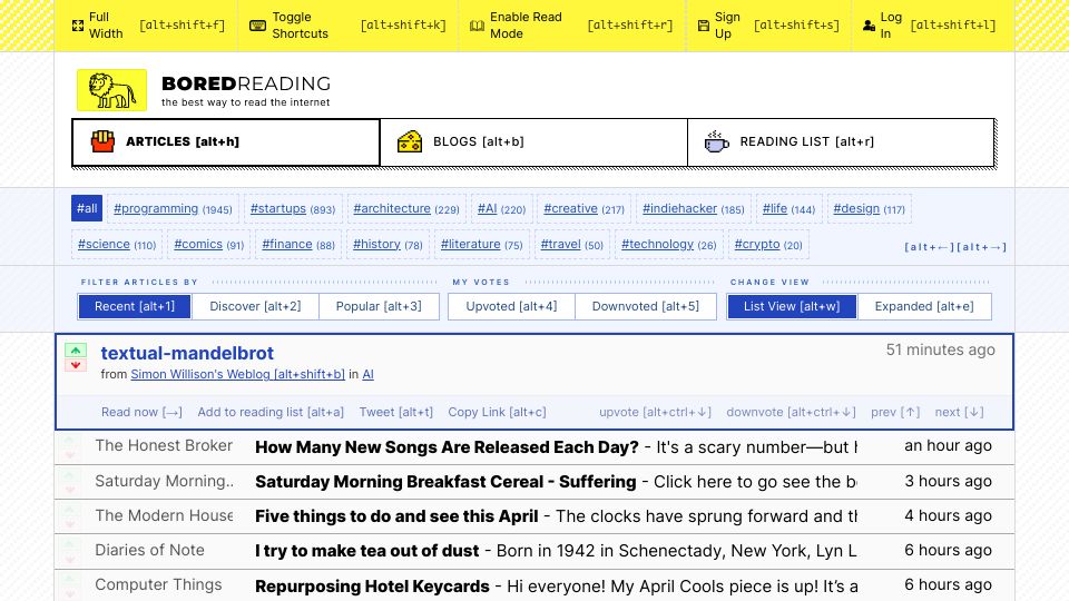 Screenshot of boredreading.com: Show HN: A Google Reader-inspired RSS reader