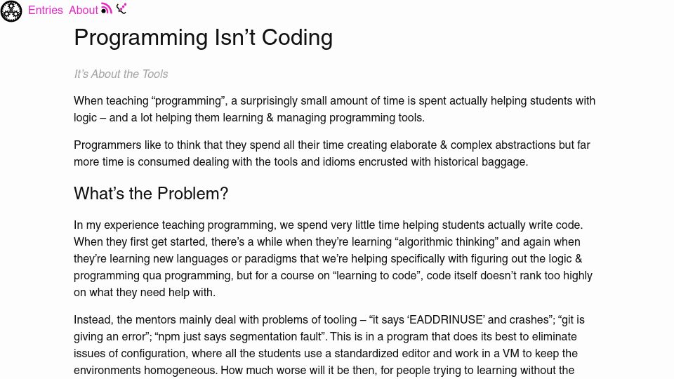 Screenshot of occasionallycogent.com: Programming isn’t coding (2020)