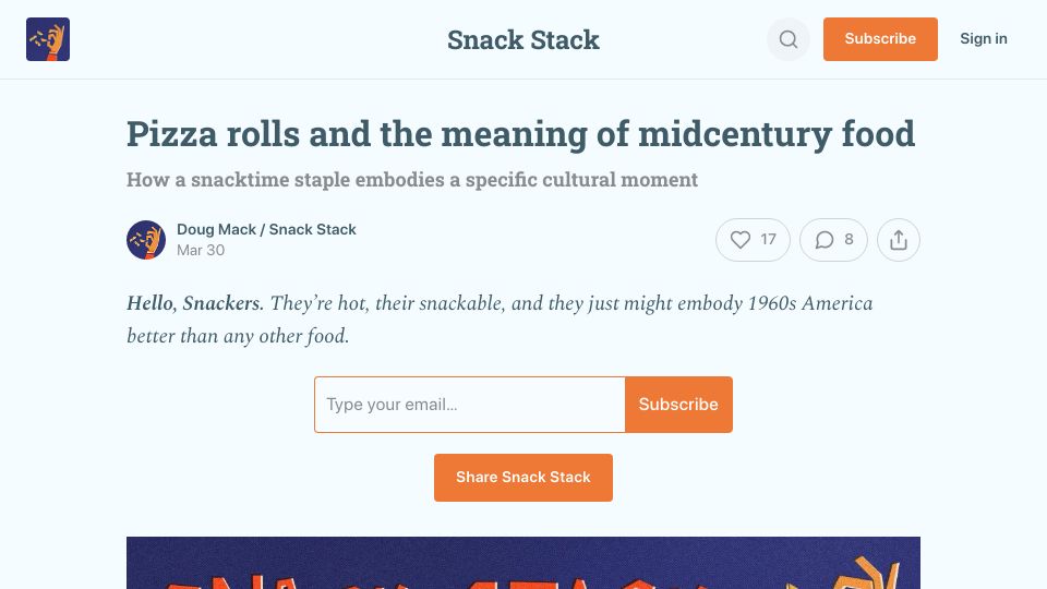Screenshot of snackstack.net: Pizza rolls and the meaning of midcentury food