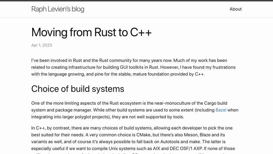 Screenshot of raphlinus.github.io: Moving from Rust to C++