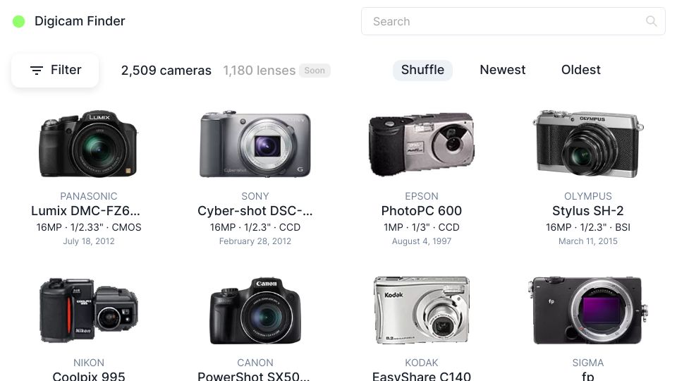 Screenshot of digicamfinder.com: Show HN: DigicamFinder – open-sourced DPReview camera data